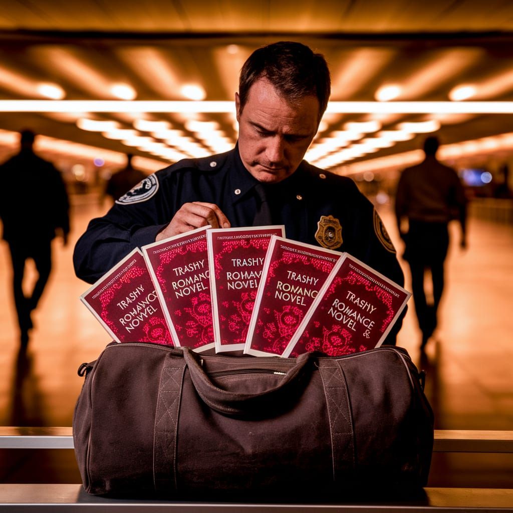 A TSA officer searching a duffel bag and finding five trashy...