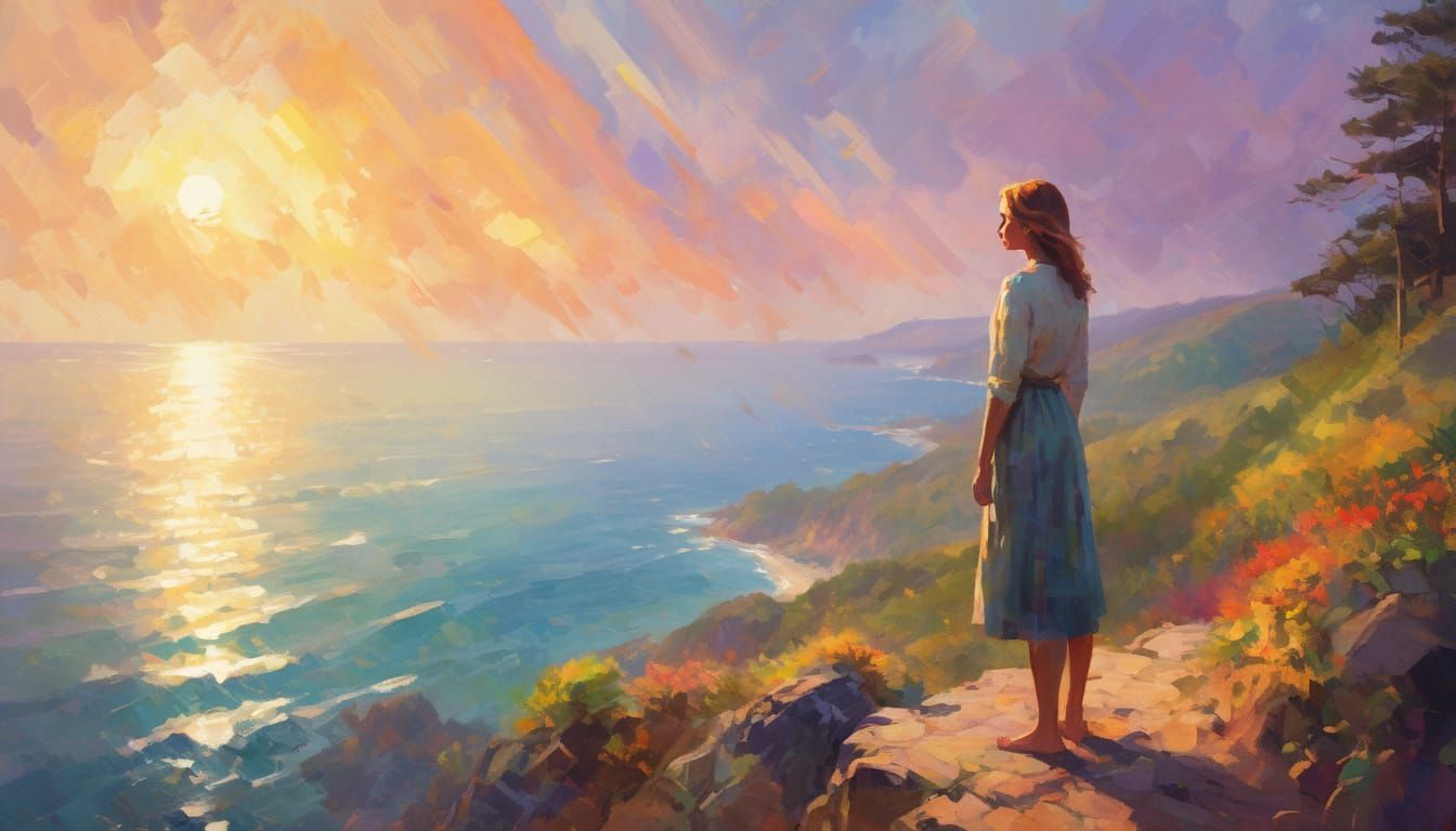 Woman Overlooking Ocean in Impressionist Style