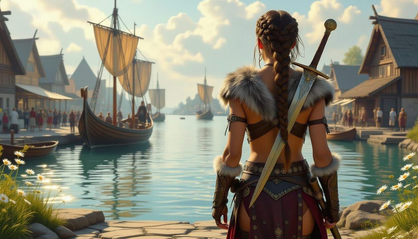 Viking Woman with Edelweiss and Sword, Dramatic Sunlight