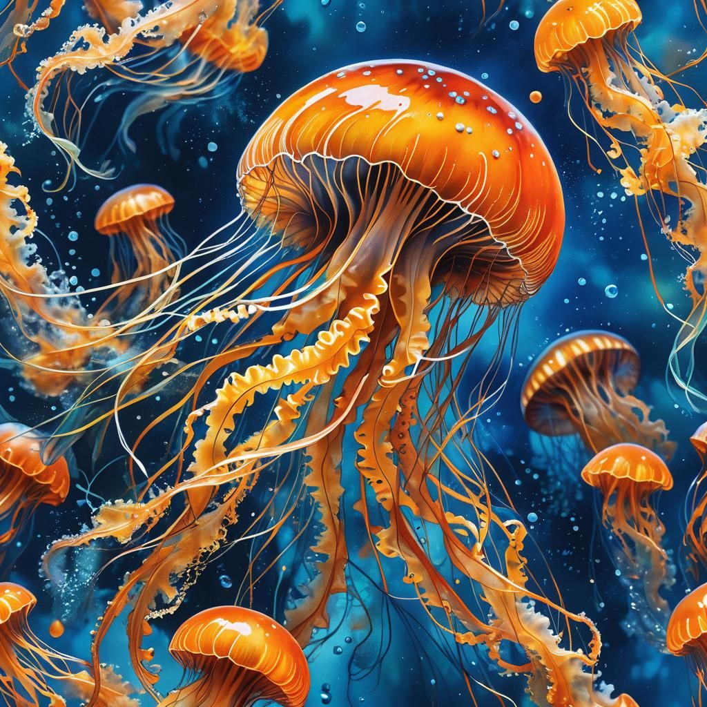 Orange Jellyfish in Blue Water: Watercolor Style