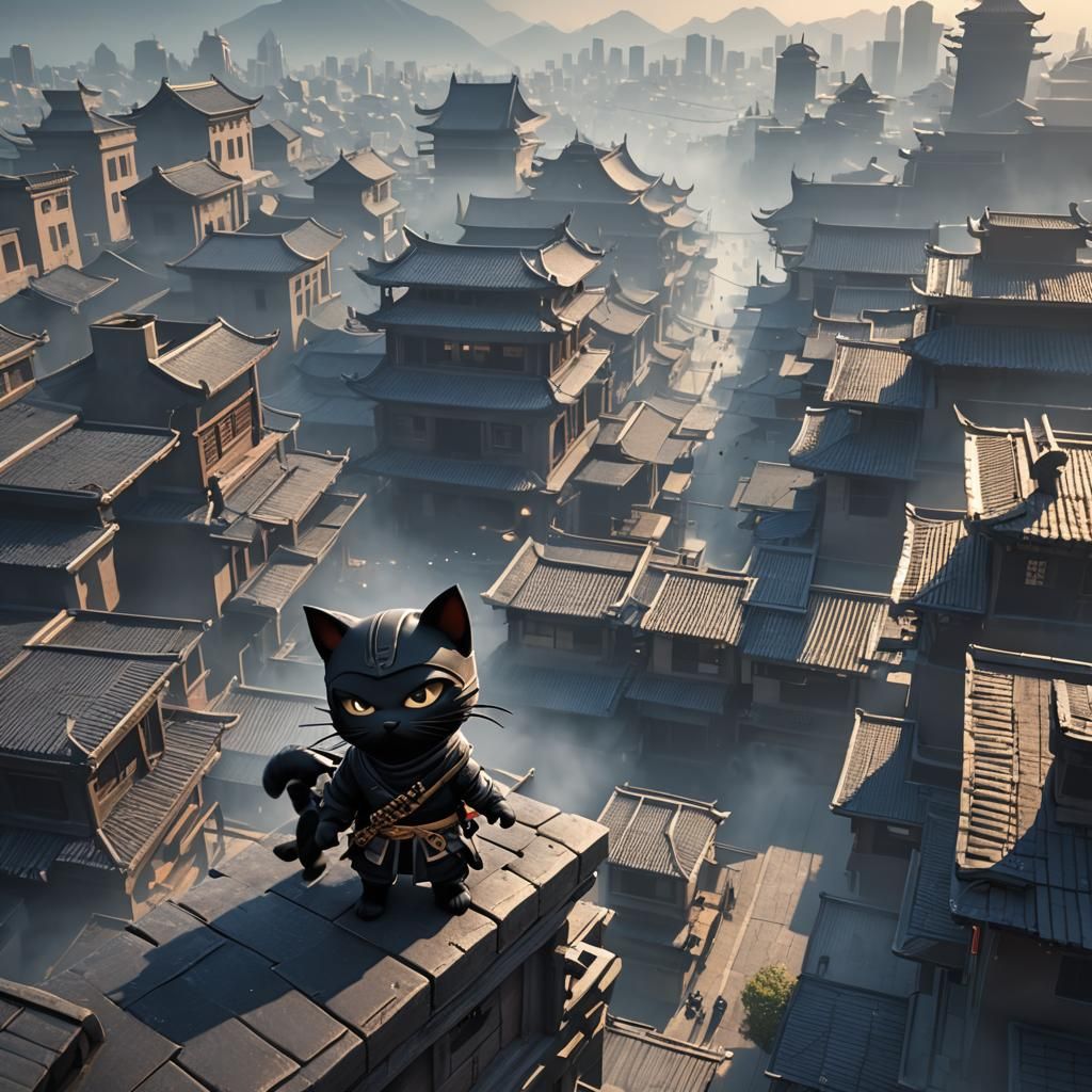 Ninja Kitten on Rooftop in Cinematic 3D