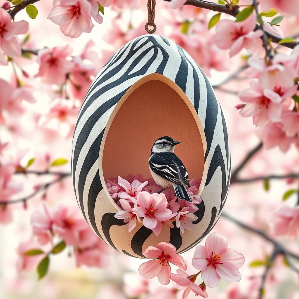 Zebra Egg Birdhouse in Sakura Tree Spring Morning