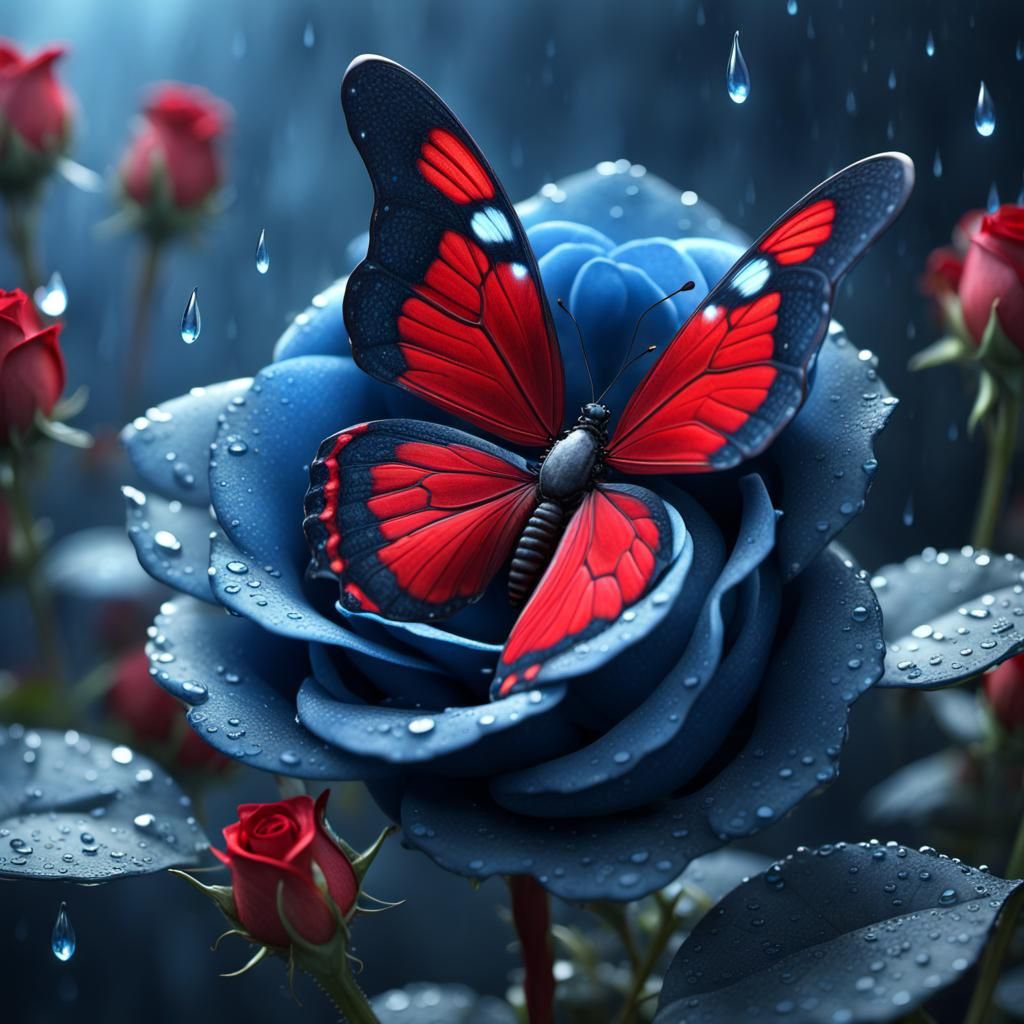 Scarlet Butterfly on Raindrop Covered Blue Rose