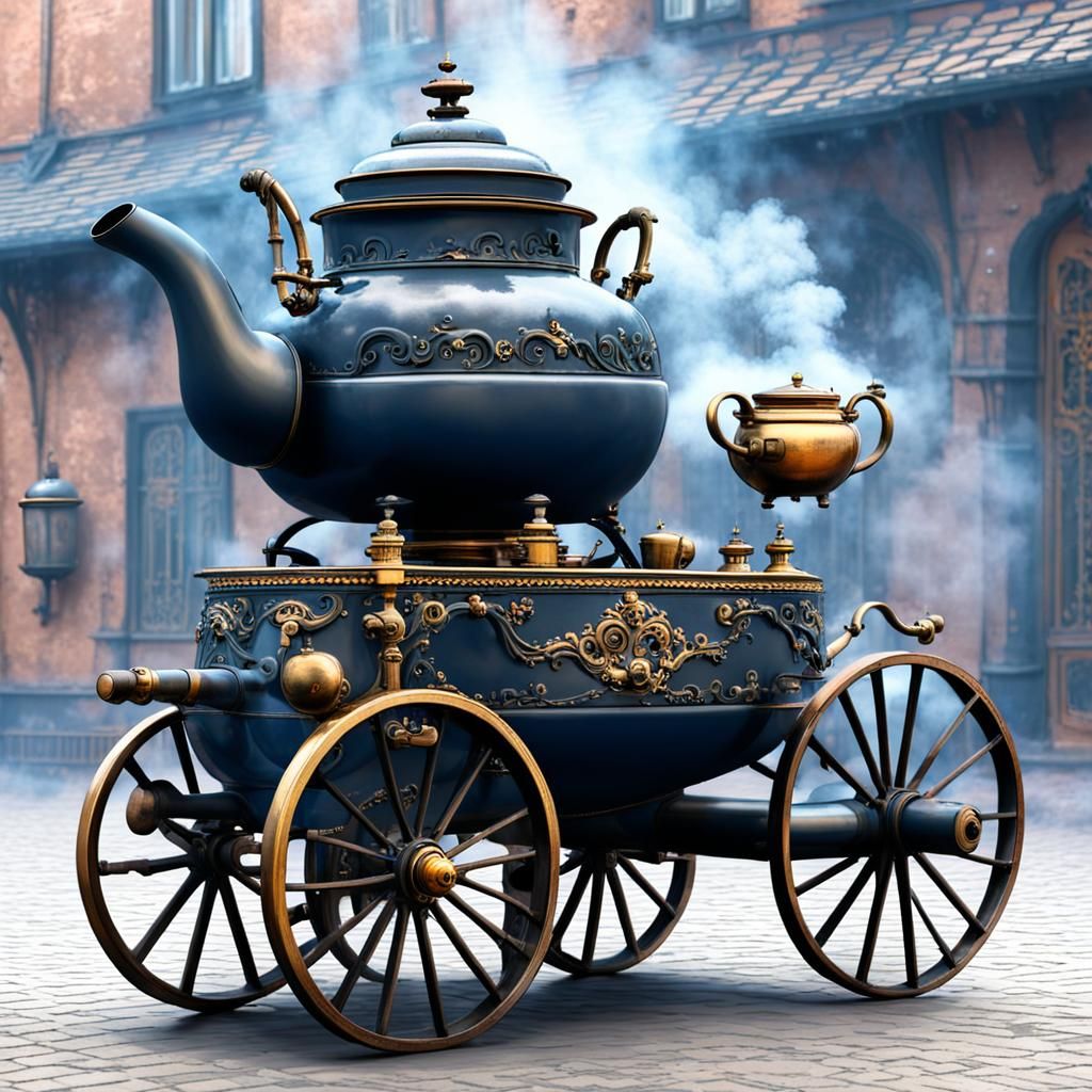 a kettle in the form of a carriage pulled by samovars