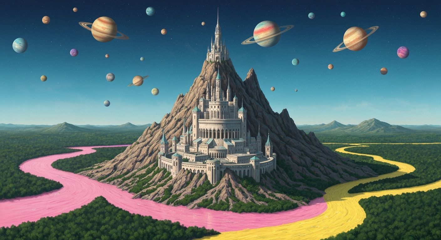 Futuristic Castle Carved in Rock with Colorful Planets
