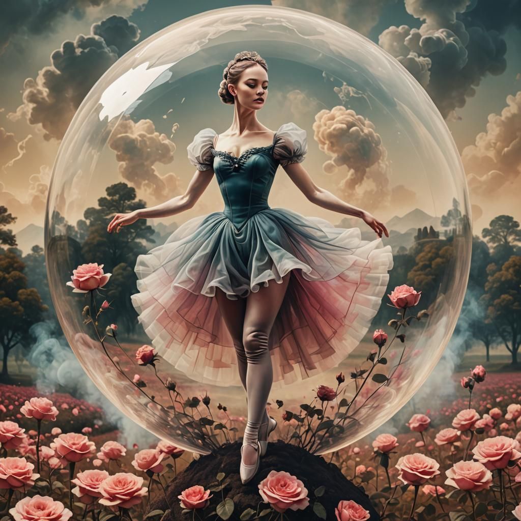Smoke Ballerina in Rose Field, Pop Art Style