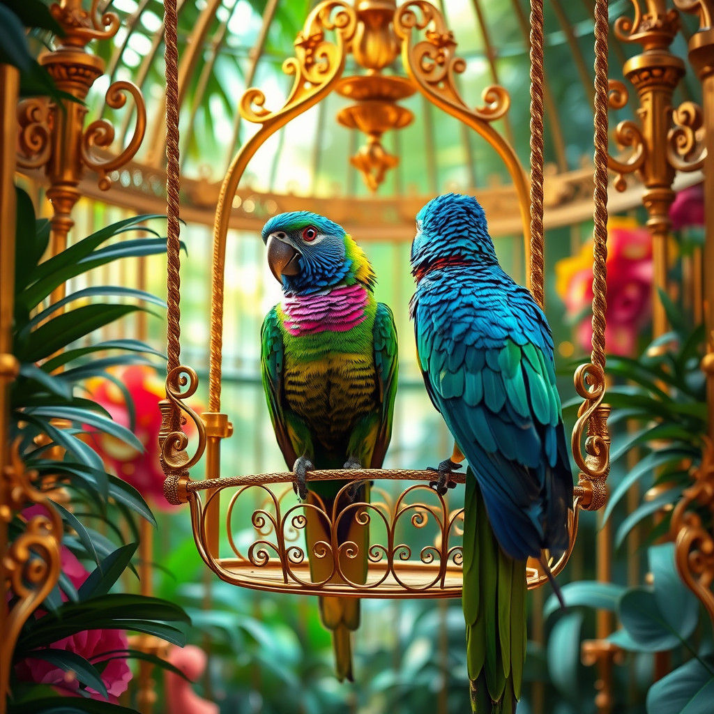 Exotic Birds in Baroque Aviary, Hyper-Realistic Style