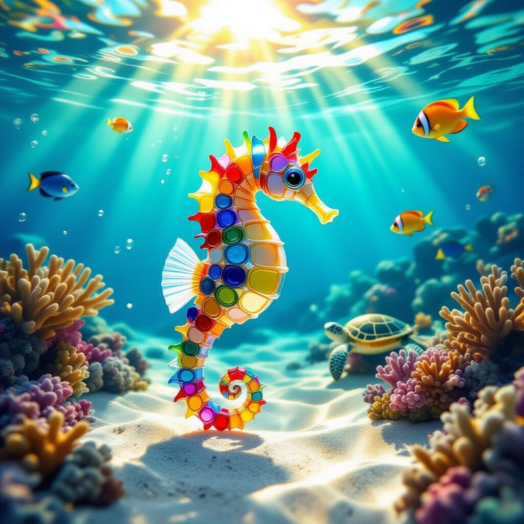 Glass Seahorse Floats in Sunlit Coral Reef