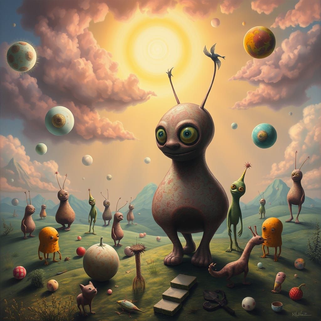 Surreal Dreamscape with Whimsical Figures and Uncanny Eyes
