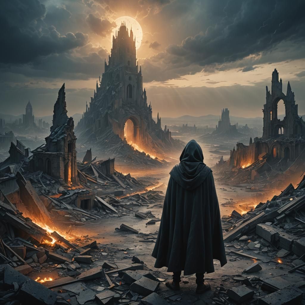 Hooded Figure in Dystopian Fantasy Landscape