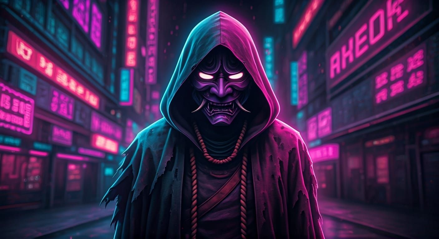 A ghostly, purple holographic spirit wearing a cloak and oni mask