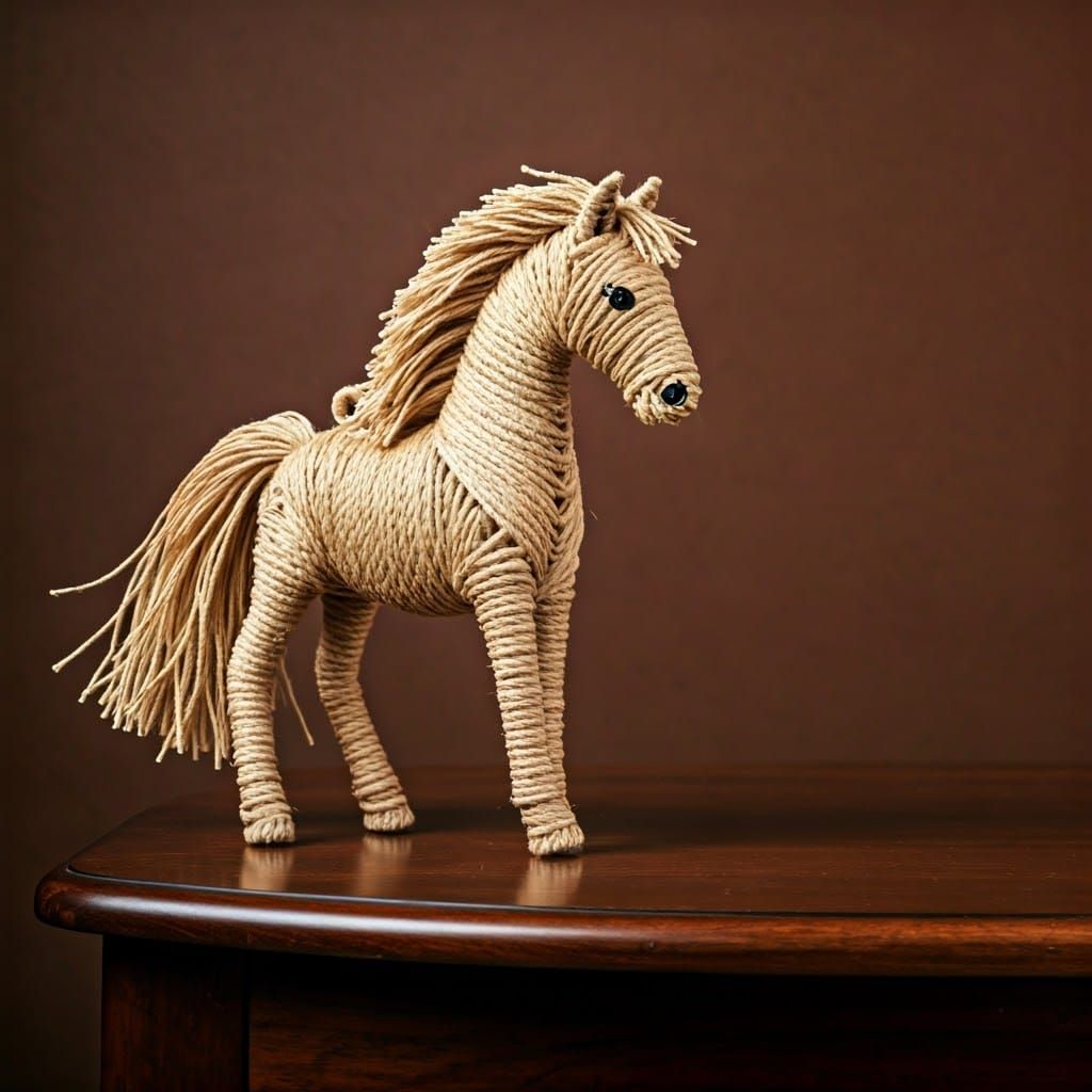 Brown Rope Horse Sculpture Beside Wooden Table