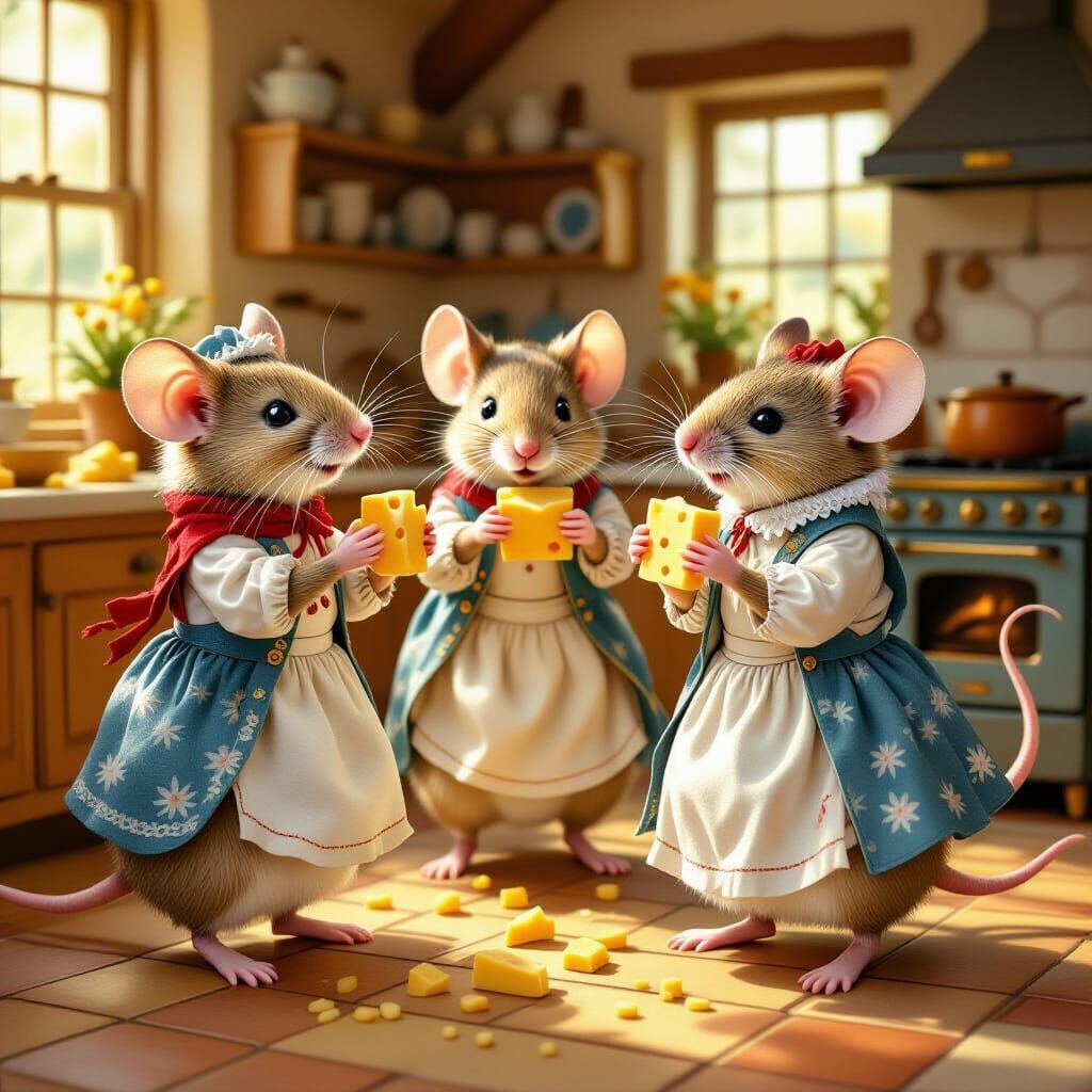 Mice Dancing Hora in Kitchen, Storybook Illustration