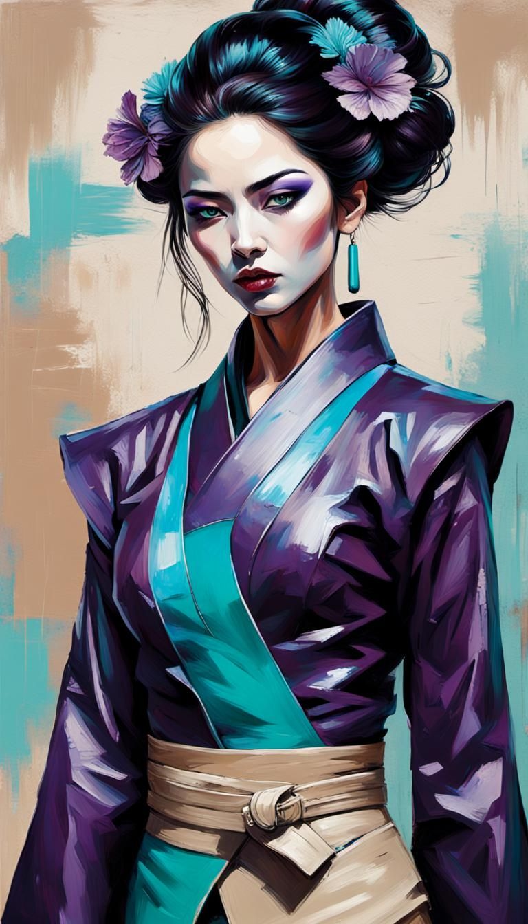 Victorian Geisha Assassin in Vibrant Palette Knife Portrait