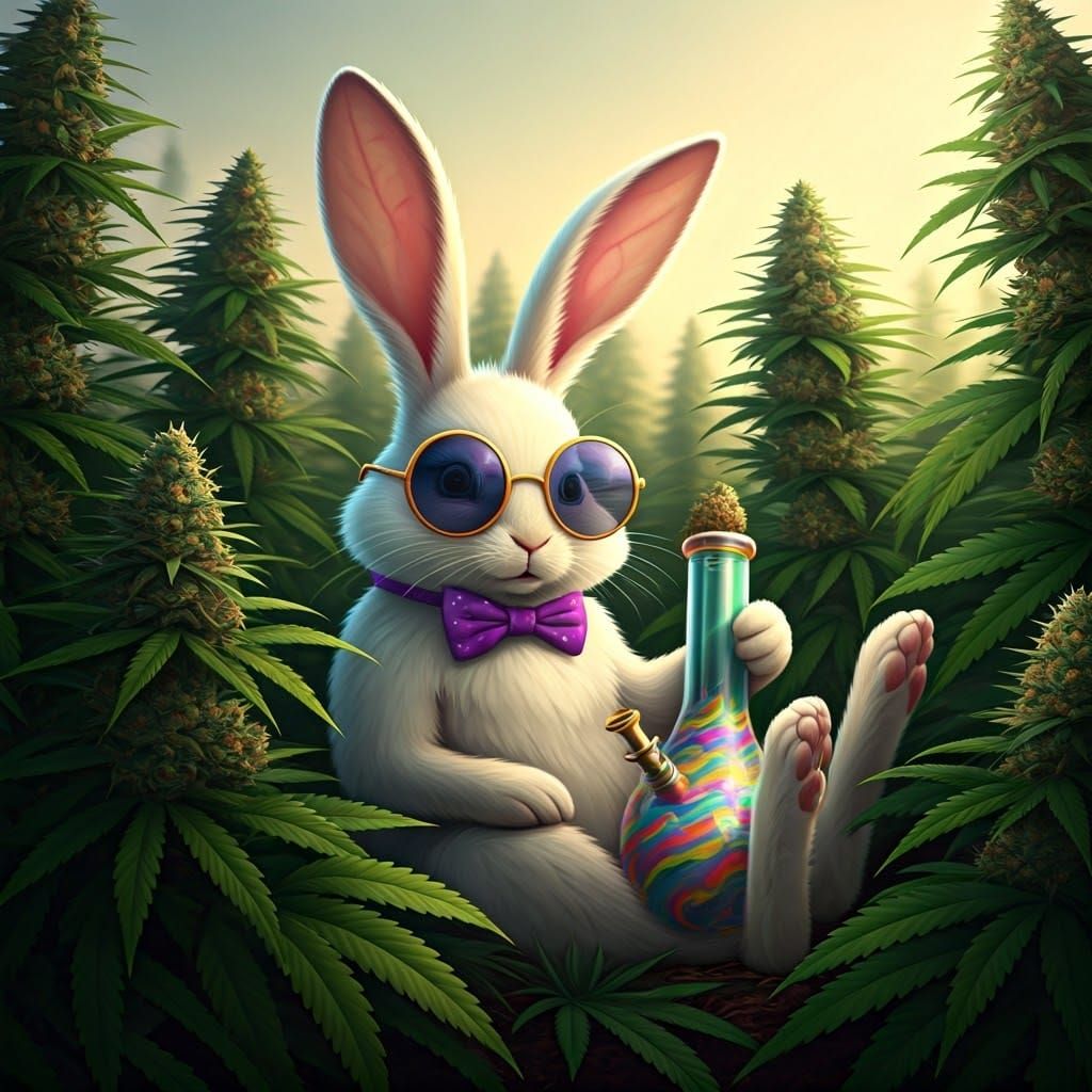 Whimsical Easter Bunny Smokes Cannabis in Vibrant Field