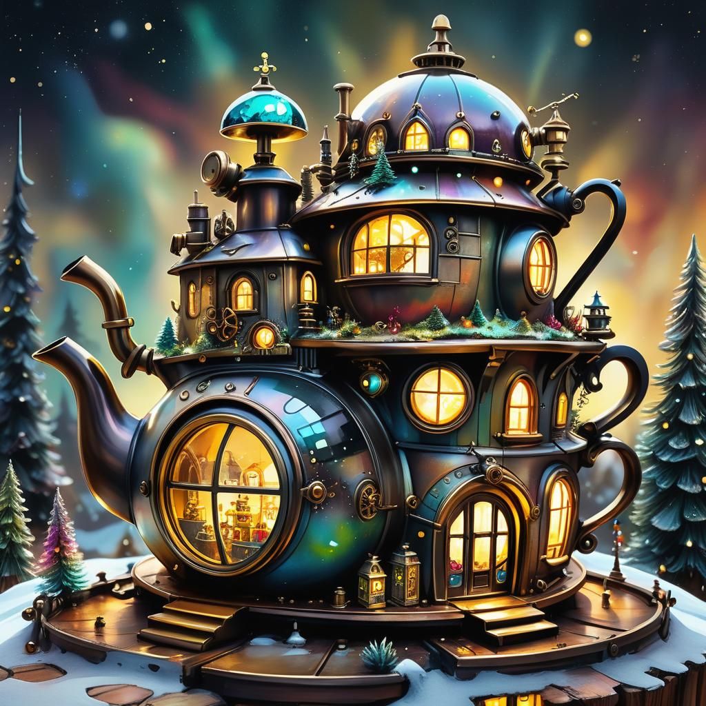 Steampunk Teapot House in Sci-Fi Landscape