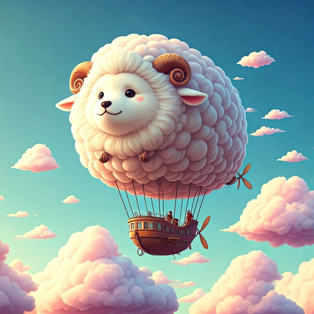 Samoyed Airship Soaring Through Cotton Candy Sky