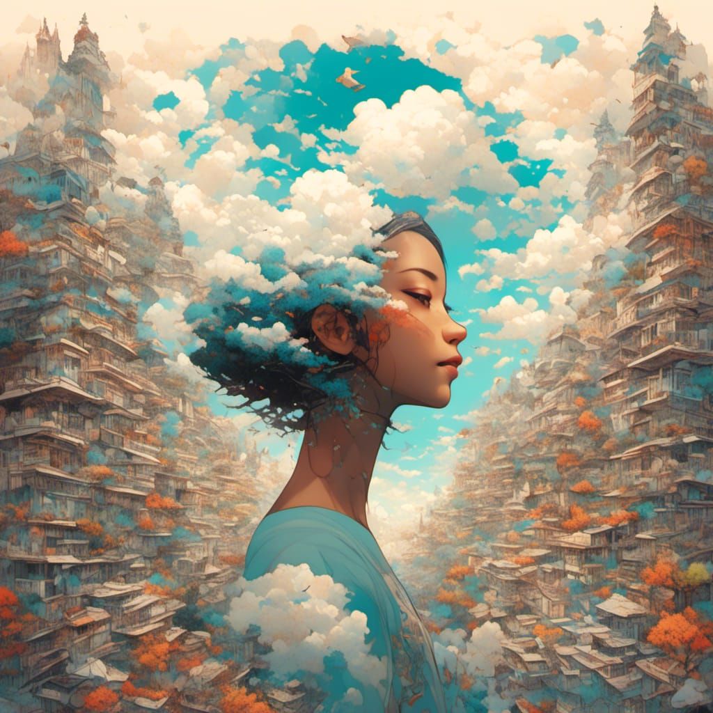 Surreal City Face with Dreamlike Clouds