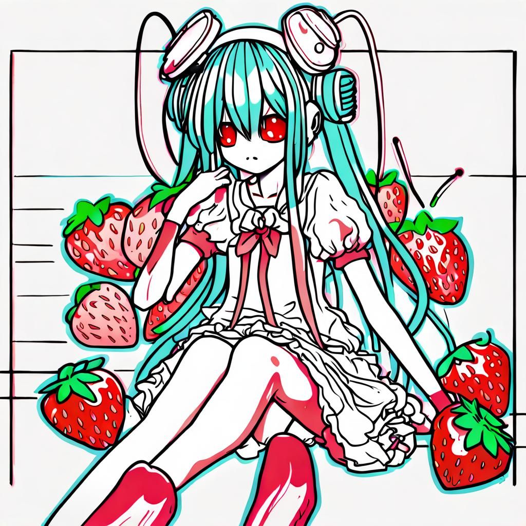 strawberry miku line art maximalist anime futuristic bad anatomy deformed disfigured poorly drawn feet poorly drawn han...