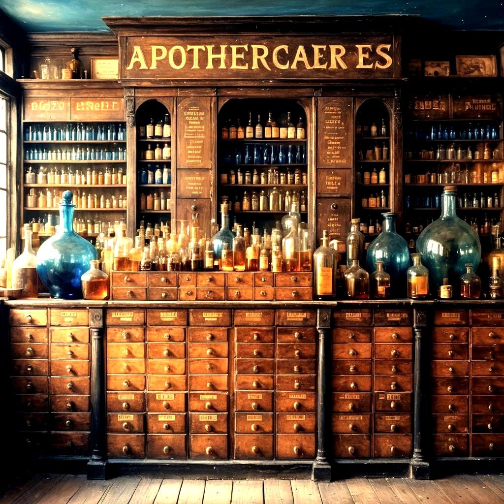 Apothecary Shop Interior with Drawers and Glass Bottles