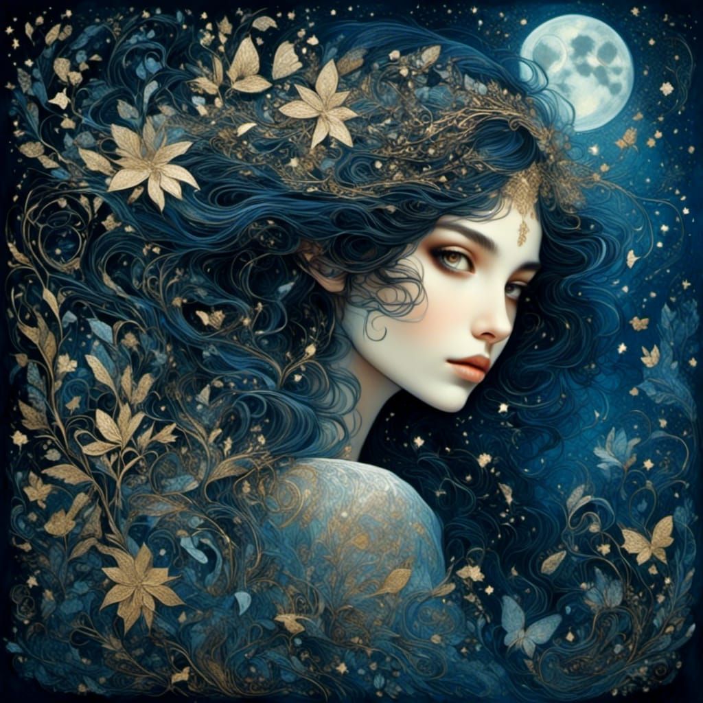 Indigo Haired Woman in Starry Night Chalk Art