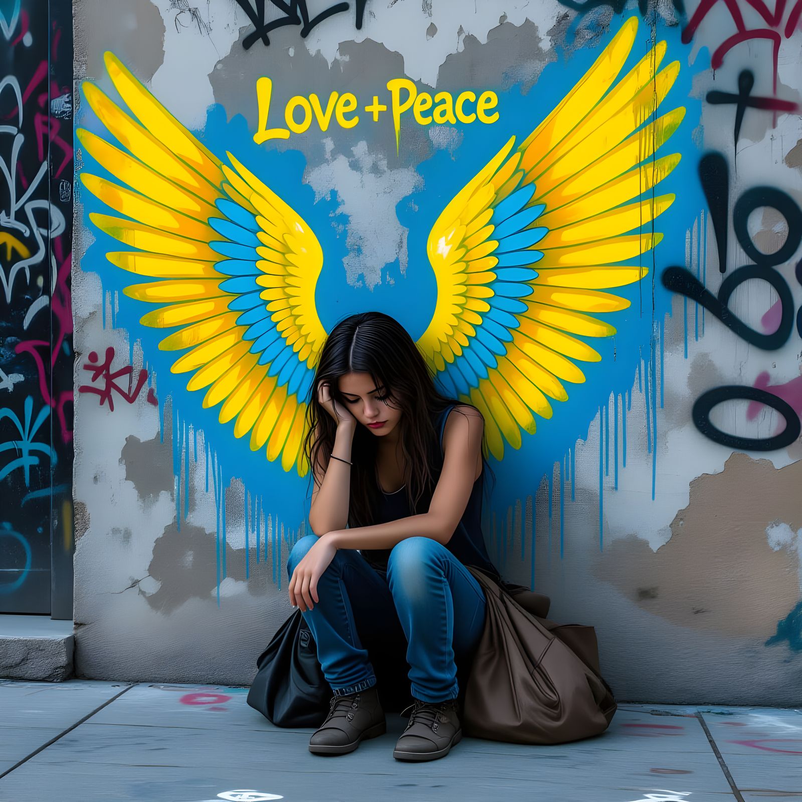 Homeless Girl with Graffiti Wings in Vibrant Colors