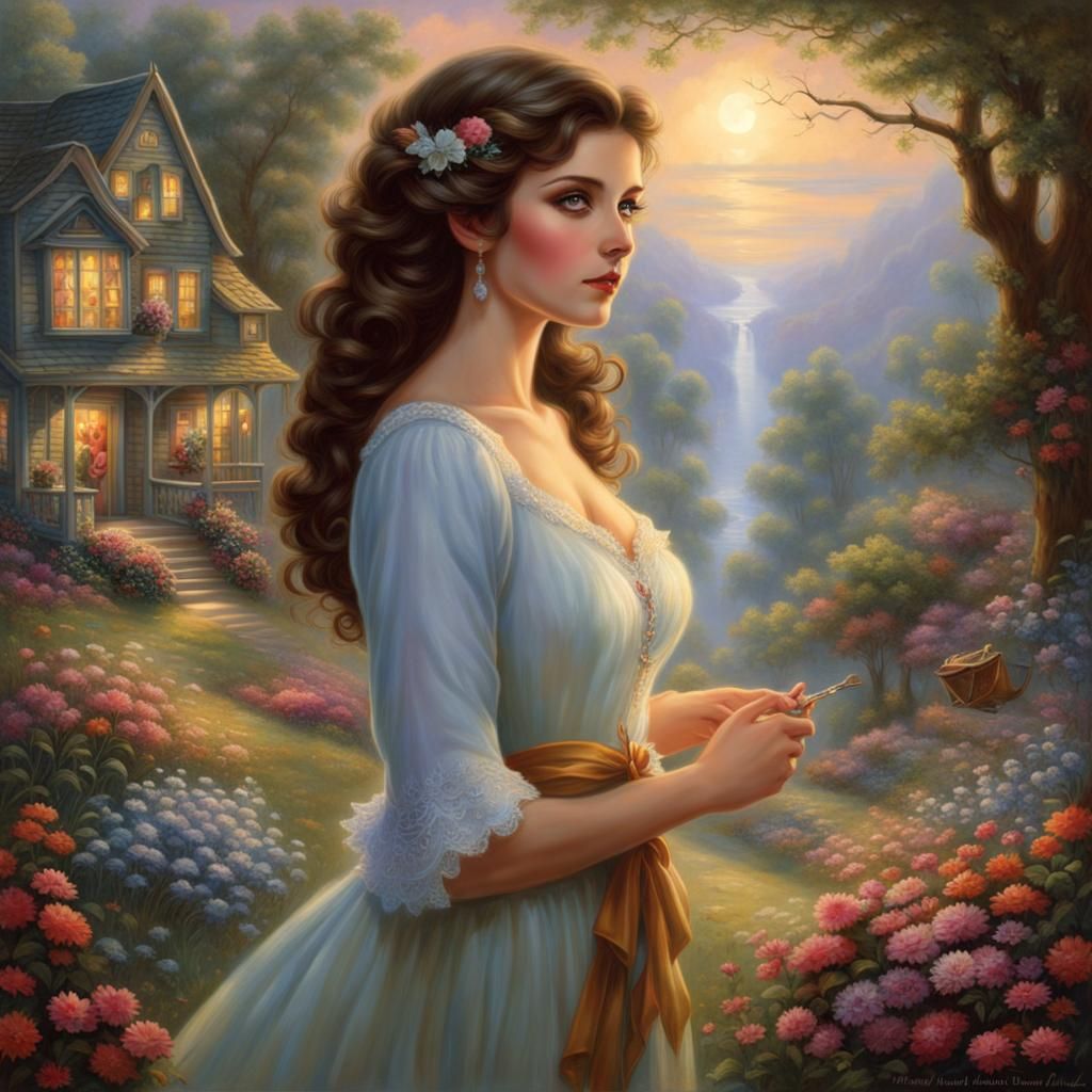 Ethereal Woman with Brown Eyes in Kinkade Style