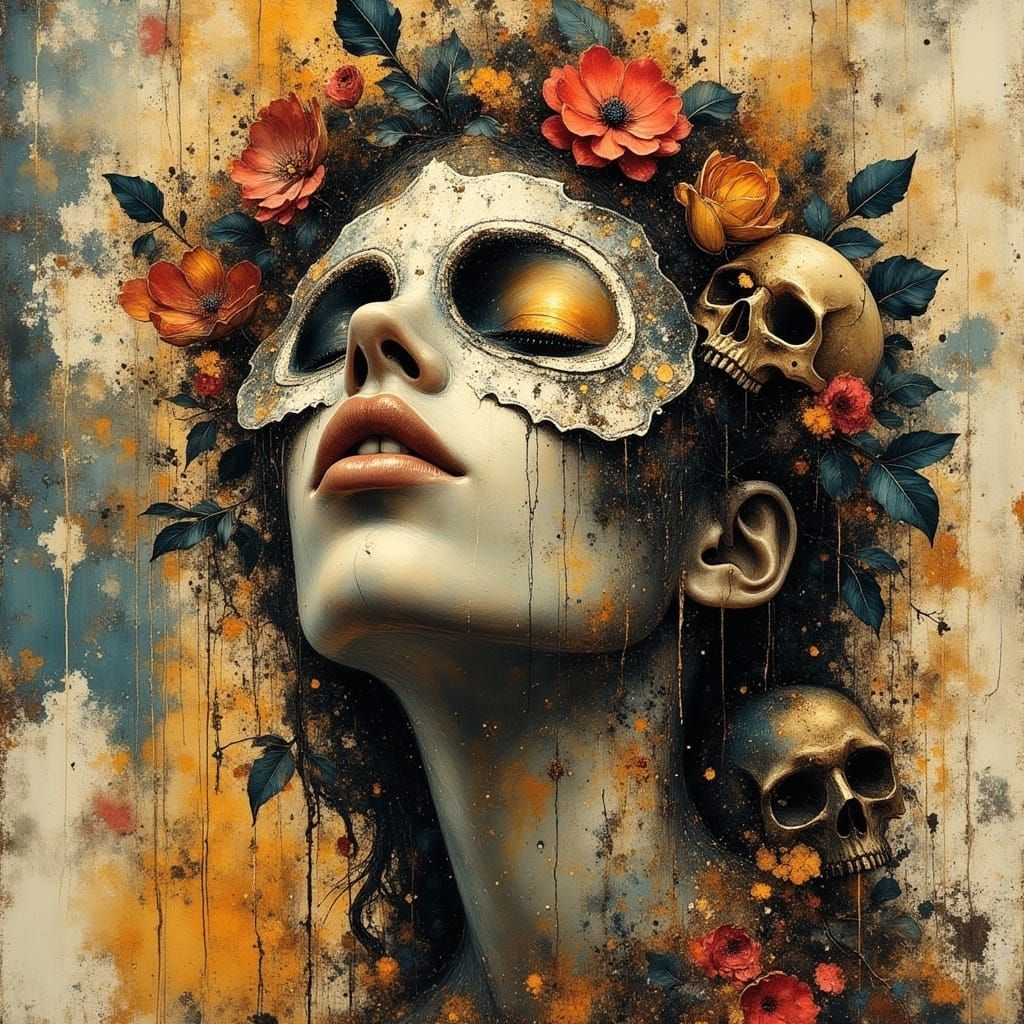 Girl with Skeleton Mask in Glitch Art Style