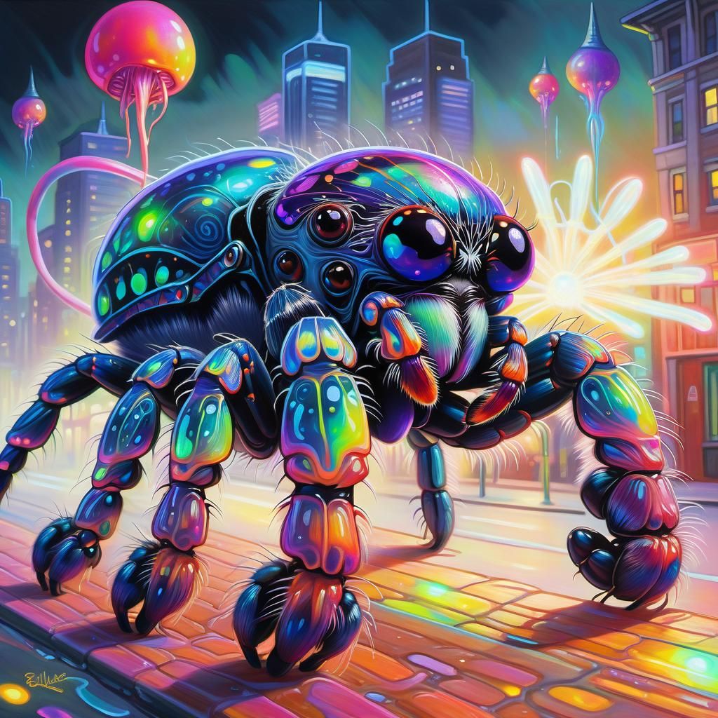 Rainbow Jumping Spider in Neon City at Dusk