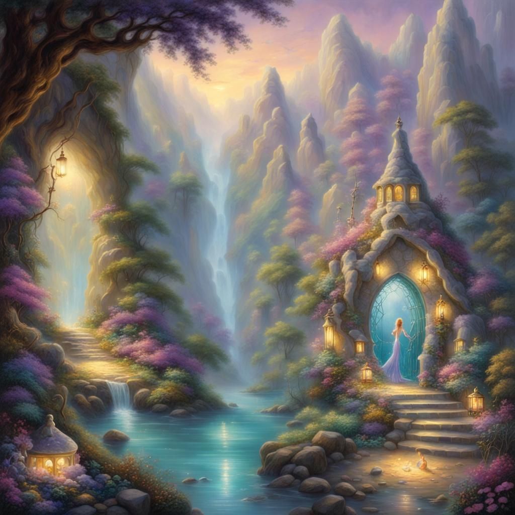 Ethereal Crystal Cave with Fairy and Treasure