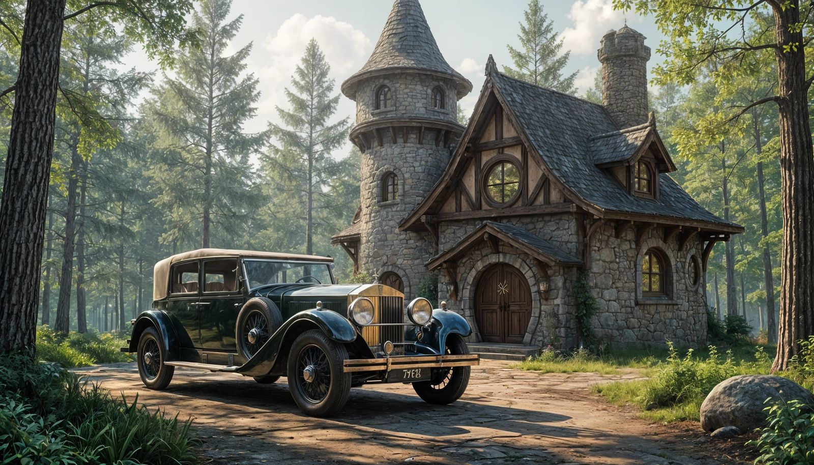 1924 Rolls Royce and Elven Cottage Matte Painting