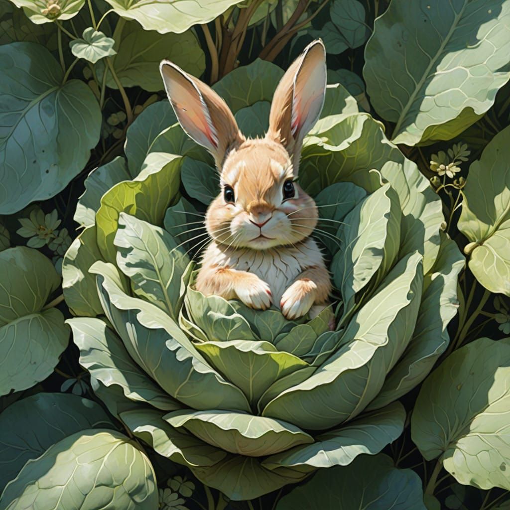 Whimsical Baby Bunny in a Cabbage Leaf in a Forest
