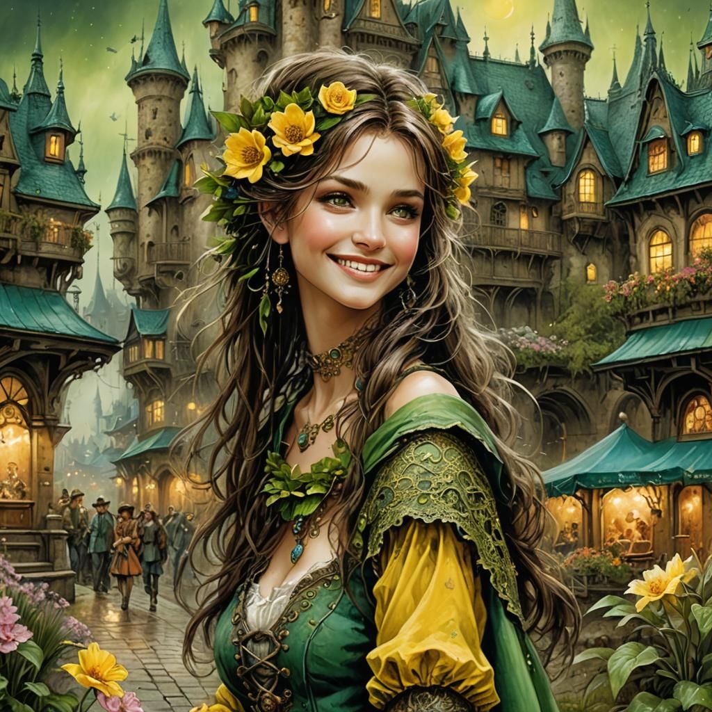 Fantasy Spring Town Art in Digital Painting Style