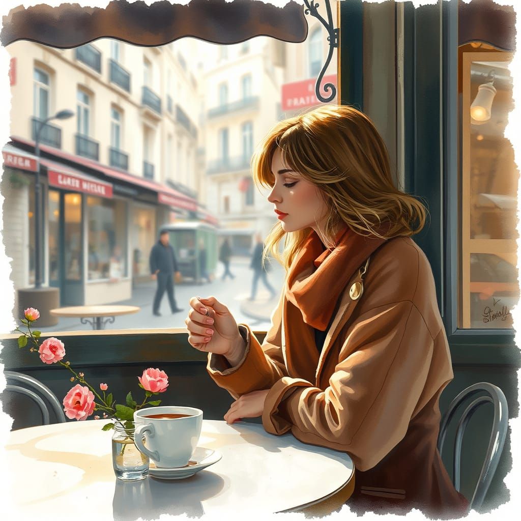 Parisian Cafe Scene in Emotional Realism Style