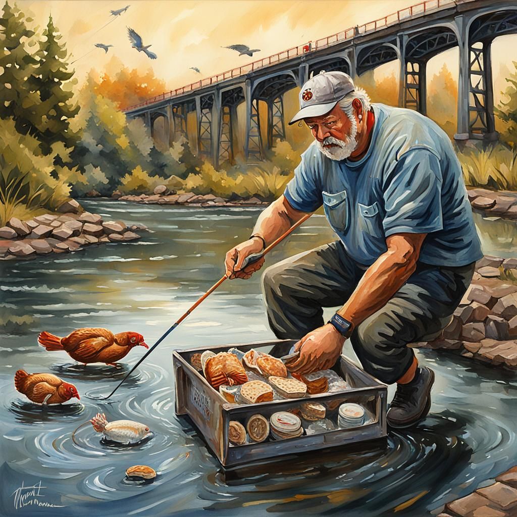 Hockey Player Fishing: Comic Book Art in Gouache Style