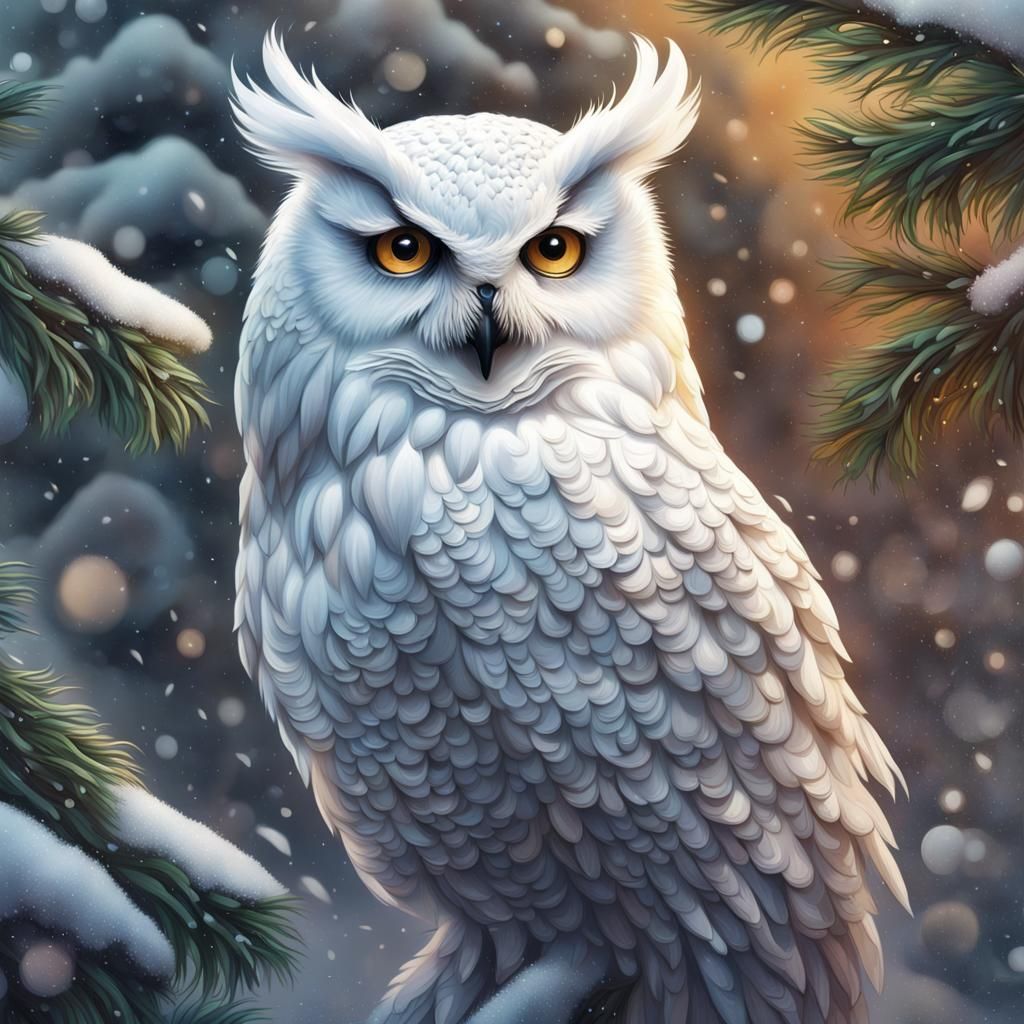 Hyperrealistic White Owl Near Christmas Wreath