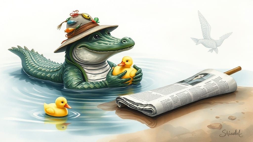 Gentle Alligator Cradles Baby Ducks in a Serene Lake Scene