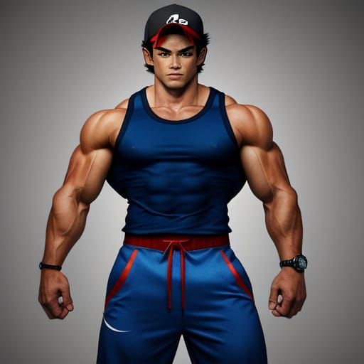 Bodybuilder Ash Ketchum with Enormous Muscles in a Gay Artwo...