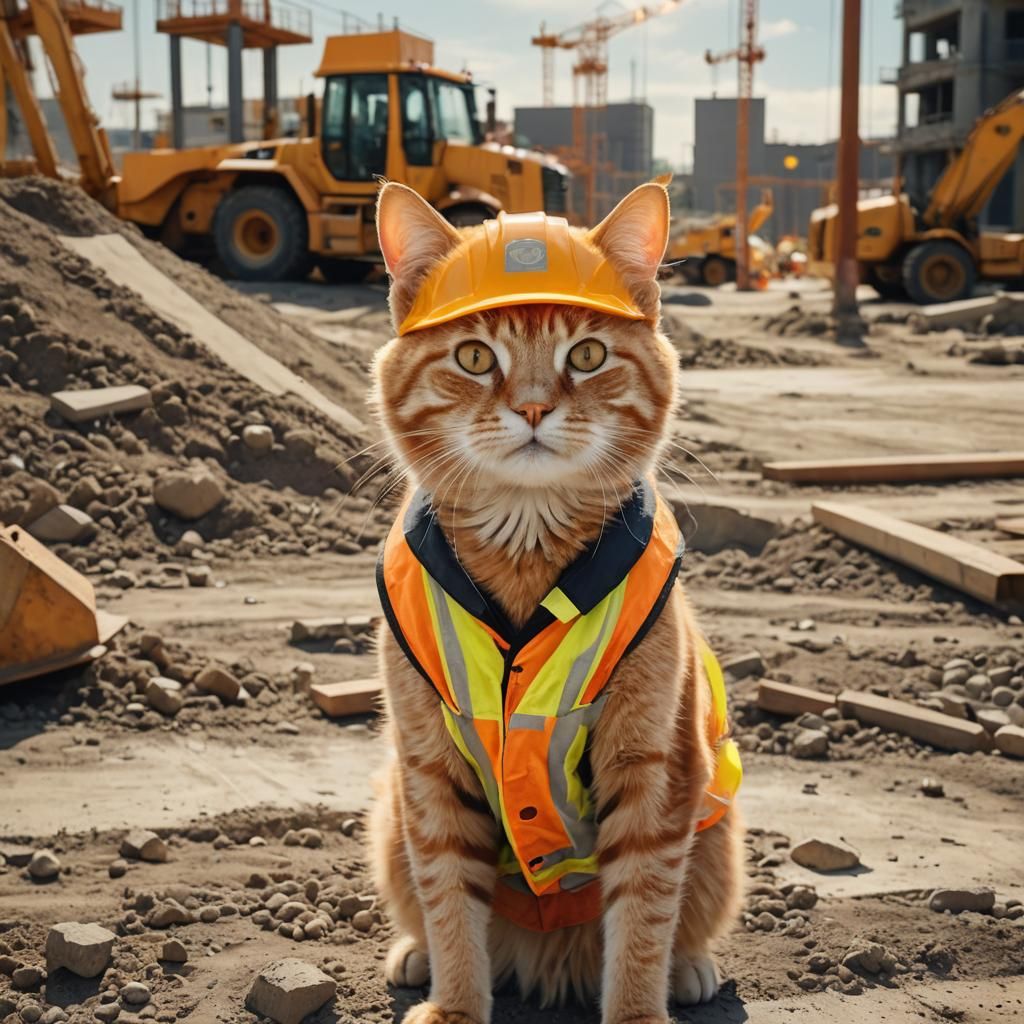 Orange Cat Construction Worker: Vibrant Digital Art