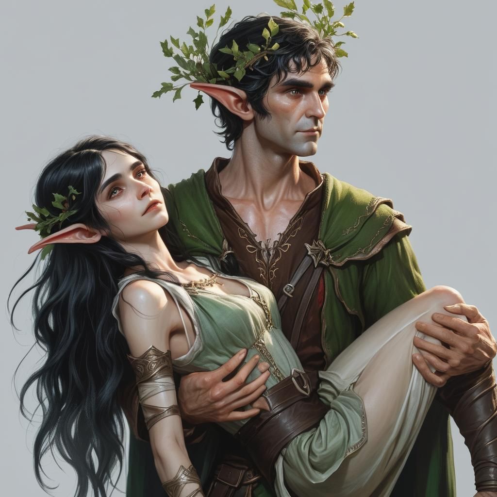 Hyper realistic male elf holding a long black haired injurie...