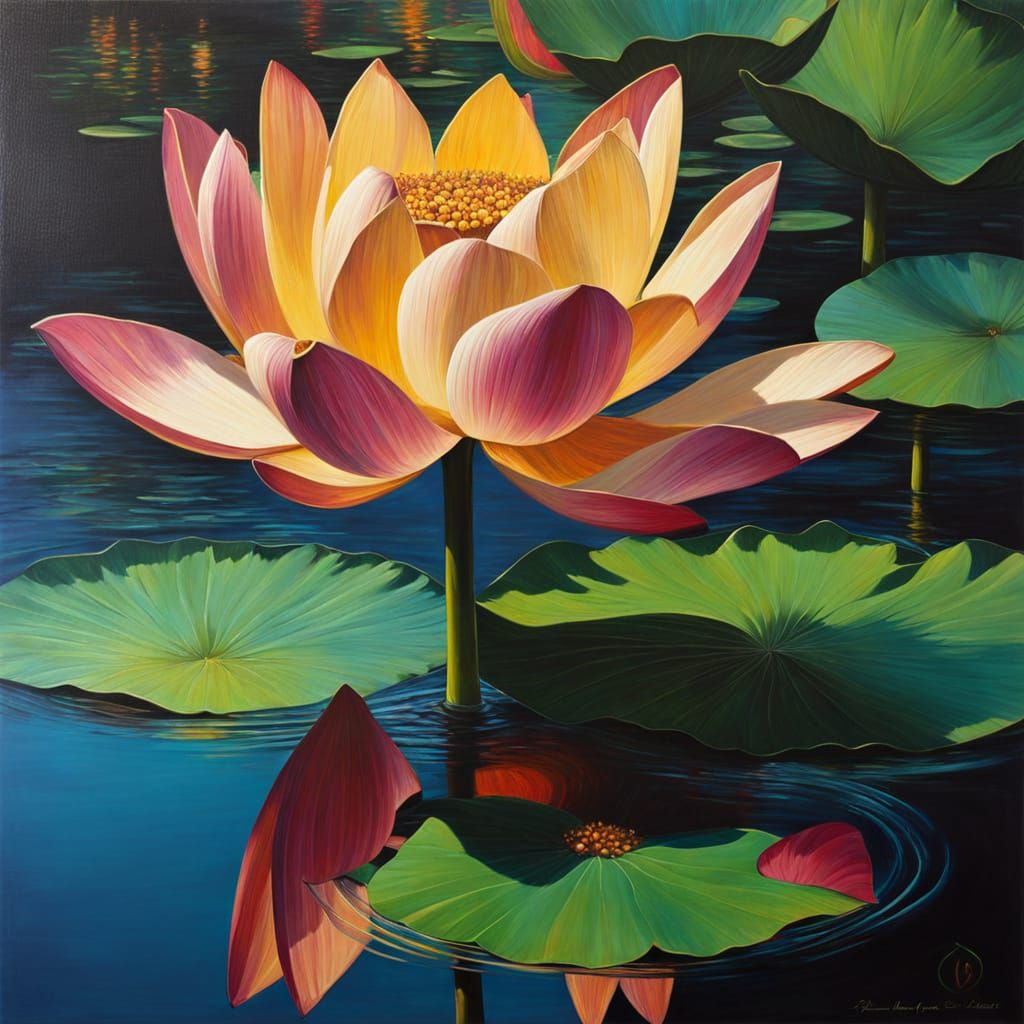 Jewel-Toned Lotus: An Oil Painting Masterpiece