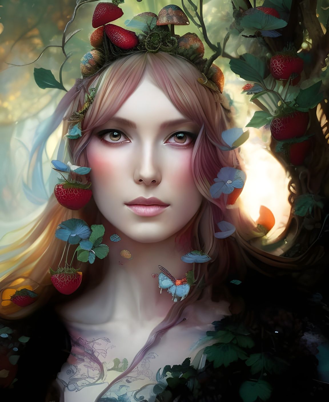 Chibi Strawberry Goddess in Fantasy Mushroom Forest