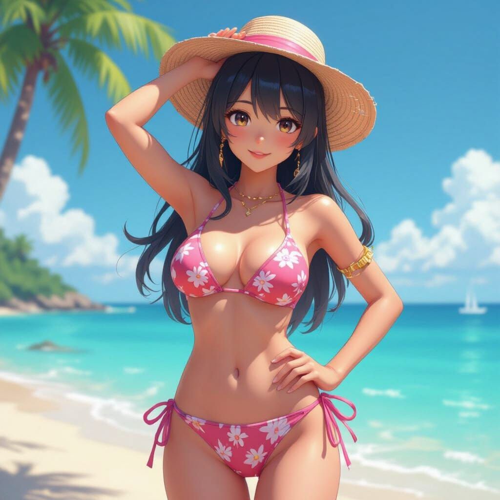 Anime Women on Beach in Vibrant 3D Style
