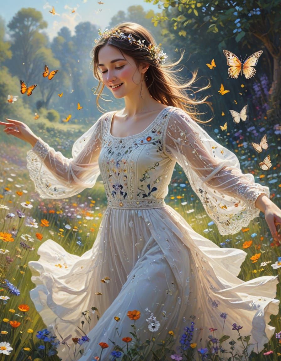 Slender Girl Dances in a Whimsical Fantasy Meadow