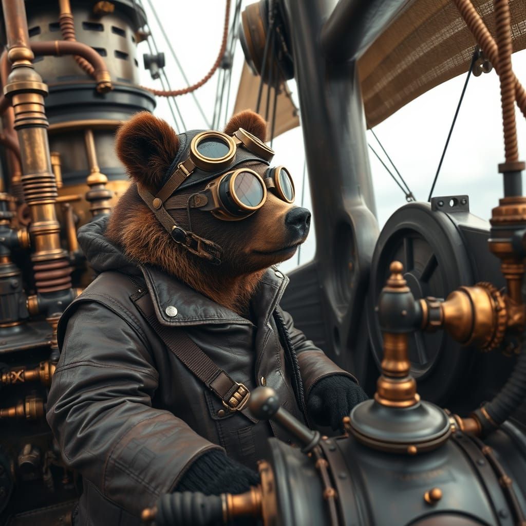 Steampunk Captain Bear at the Helm of a Vintage Flying Ship