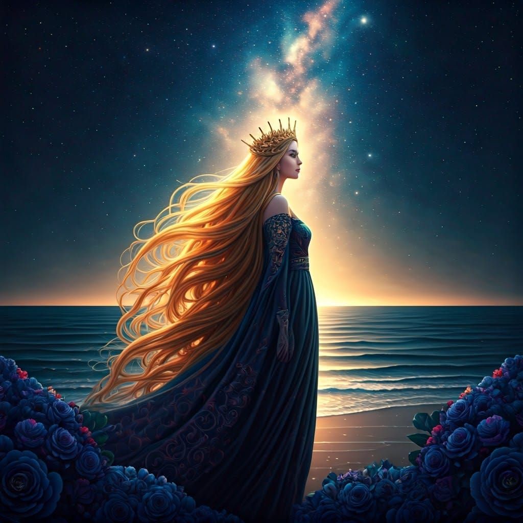 Regal Queen with Golden Hair at Ocean's Edge