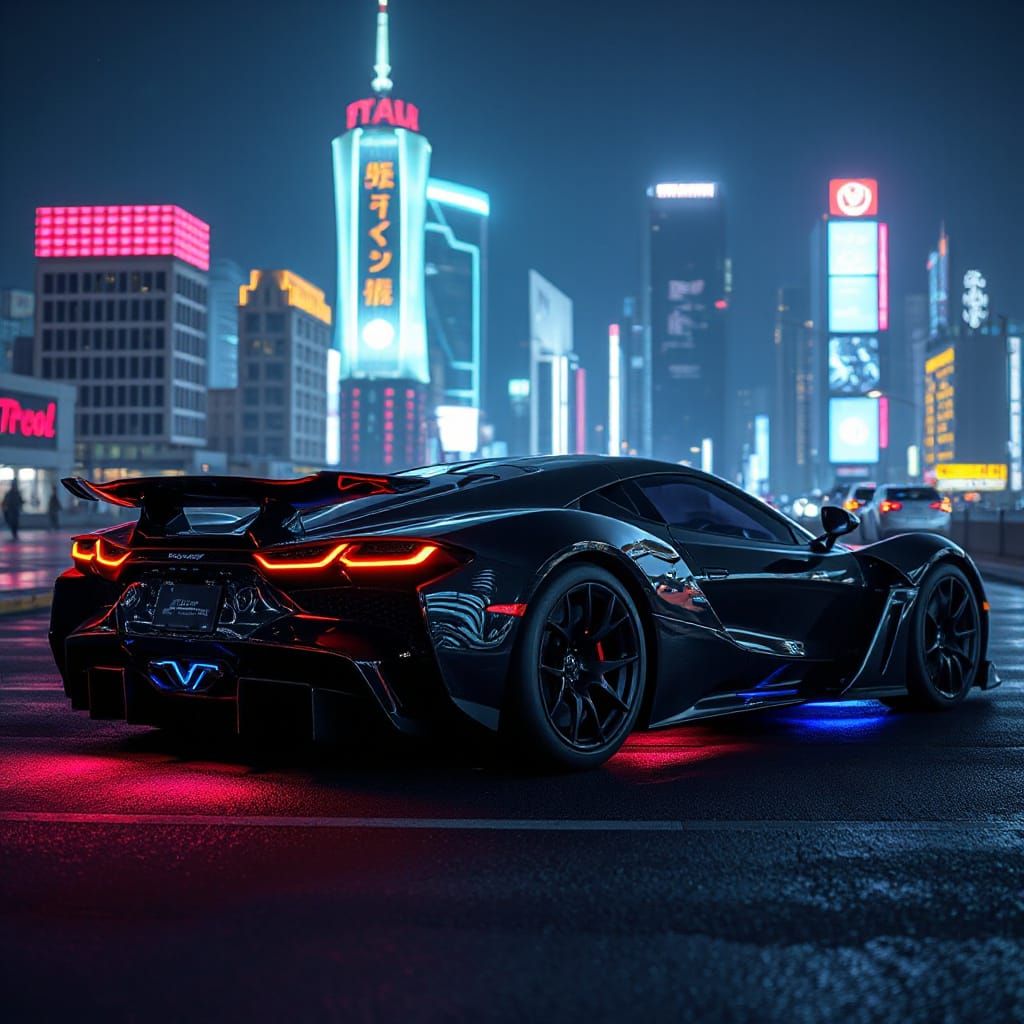 Futuristic Supercar in Neon Cyberpunk City