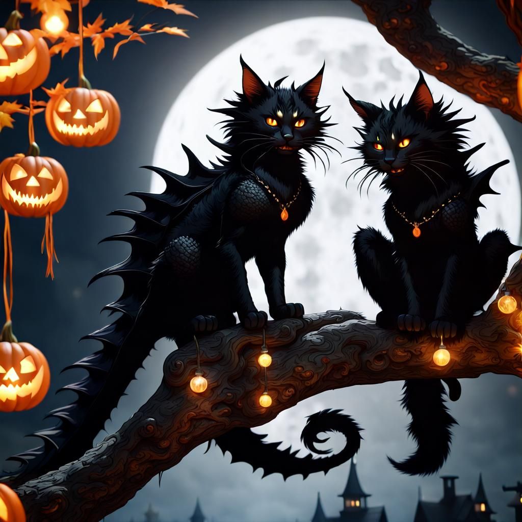 Hyperdetailed Black Dragon-Cats with Halloween Lights