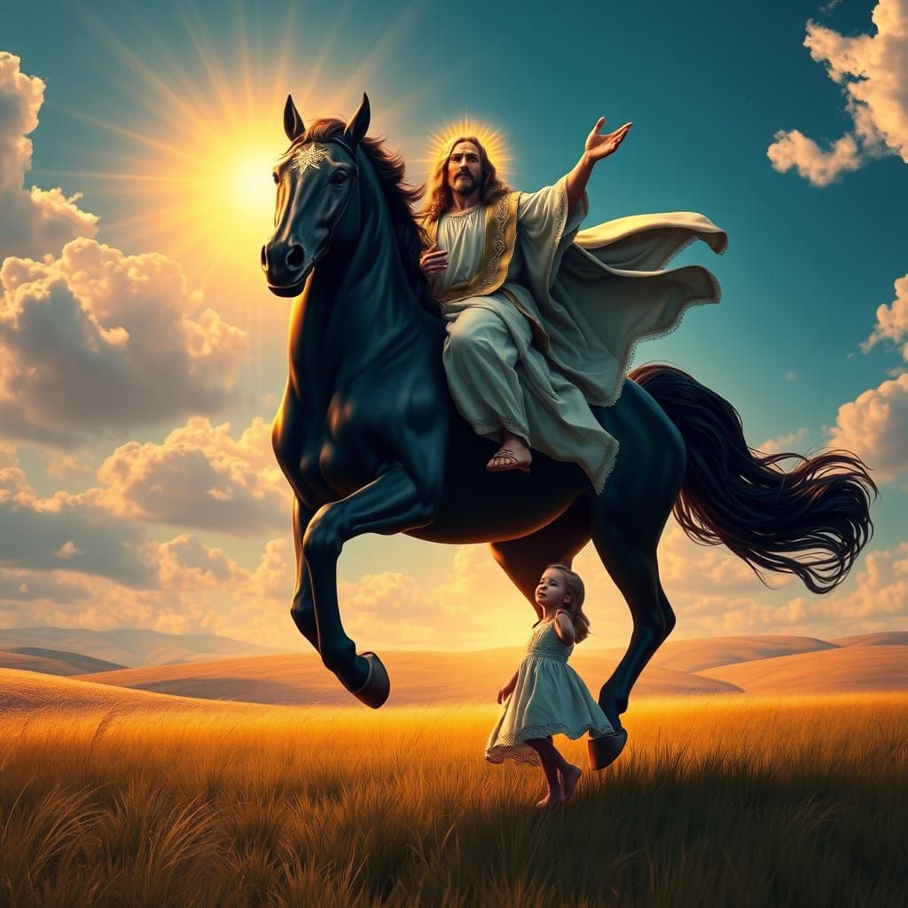Jesus Riding a Majestic Black Horse in a Divine, Fantastical...