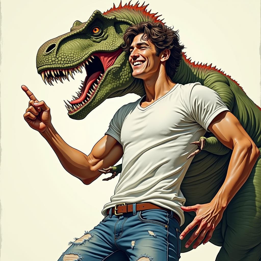Dinosaur Bites Human Finger in Comic Book Style